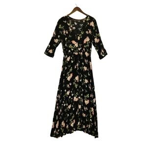 Romantic Floral Maxi Dress Women XL Black Pink Boho Button Front V-Neck Rayon
